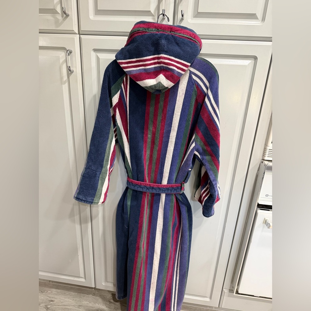 BILL BLASS Terry Cloth Vintage Striped Hooded Bathrobe belt & pockets 3/4 sleeve - Picture 8 of 15